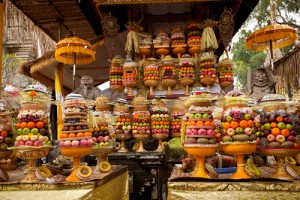 Offerings of fruit and other food at a temple during Nyepi, Bali
