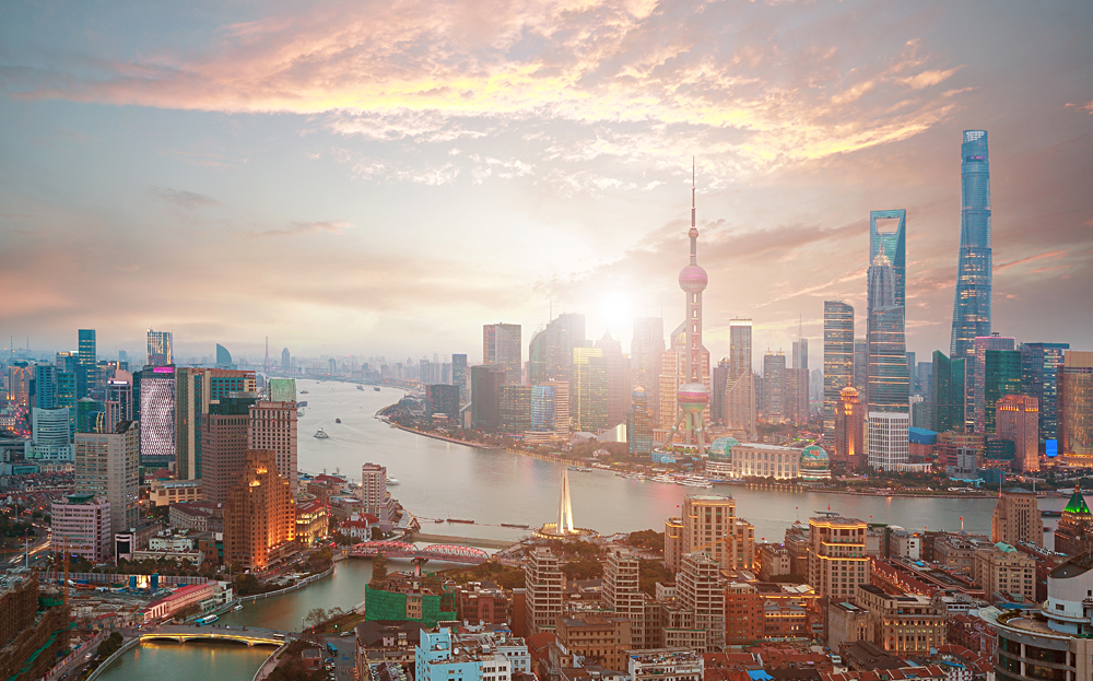 Shanghai Financial District and Bund Skyline at Sunrise, China