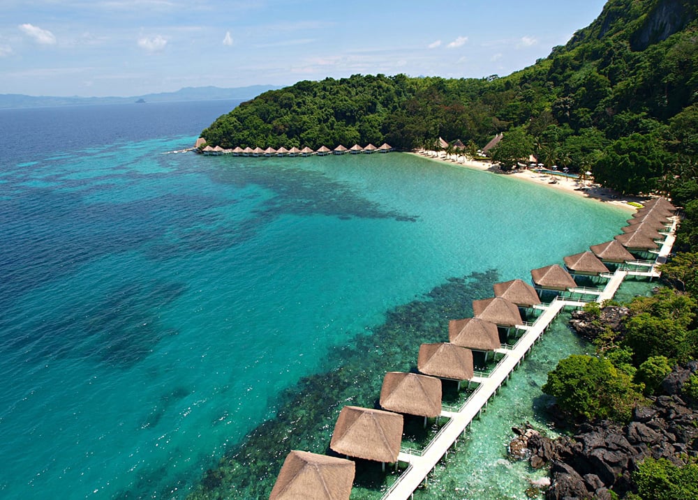 Aerial View of Water Cottages at El Nido Apulit Island Resort, Philippines