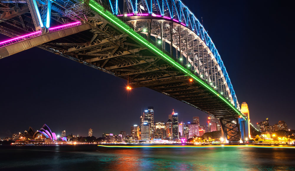 Sydney Harbour Bridge lit up during Vivid, Sydney