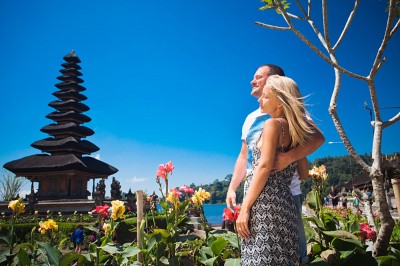 Honeymoon Couple Near the Balinese Temple at Beratan Lake, Bali