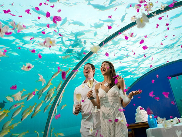 Wedding celebration hosted at Ithaa Undersea Restaurant, Conrad Maldives Rangali Island, Maldives