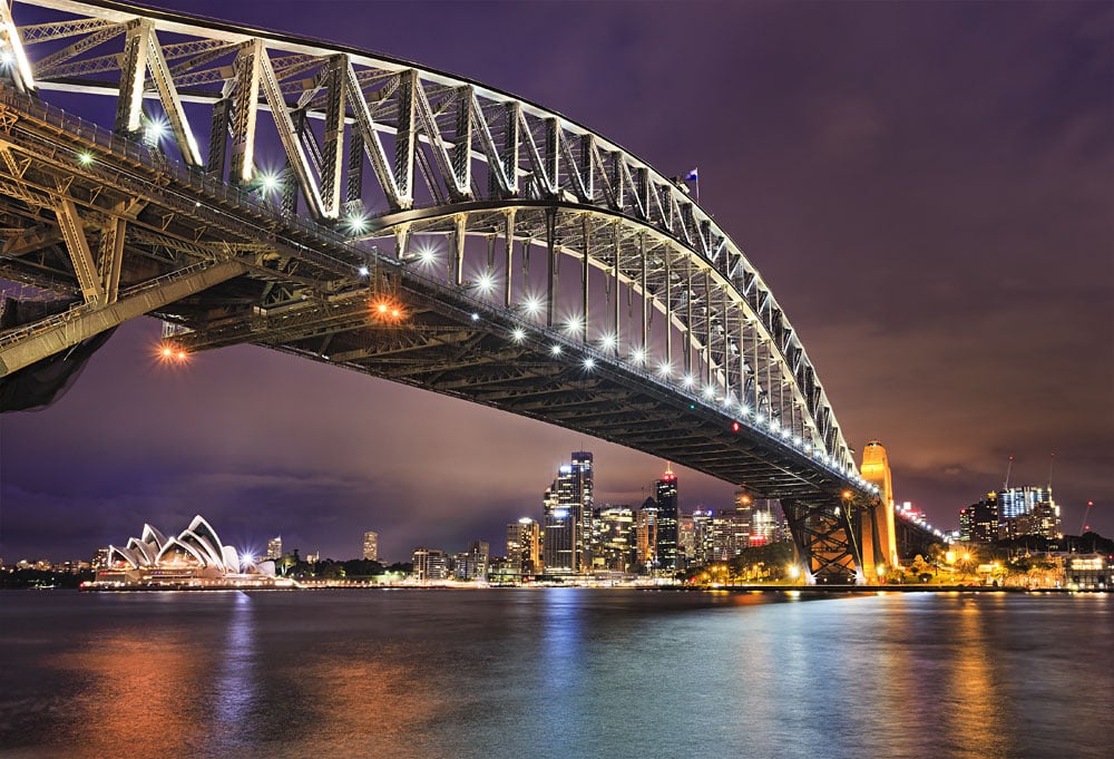 Sydney Harbour Bridge at Night with Opera House in Background, Australia