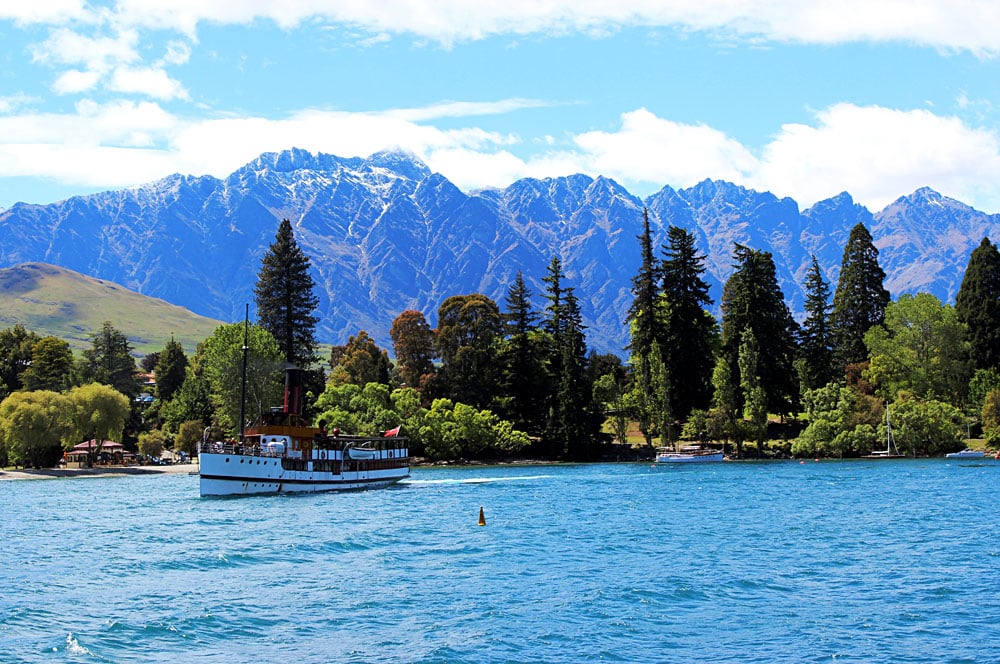 The Remarkables Mountain Range with SS Earnslaw in Lake Wakatipu, Queenstown, New Zealand
