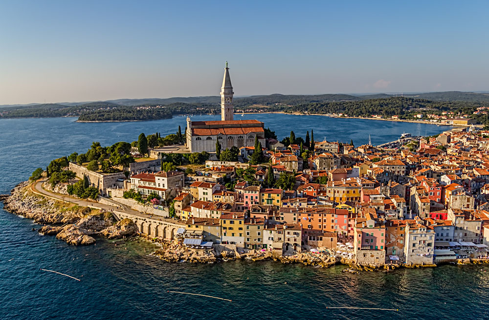 Aerial View of Old town Rovinj at Sunset, Istra Region, Croatia
