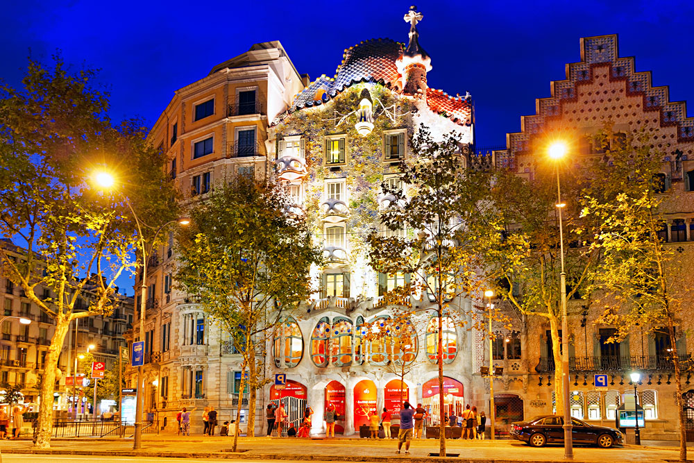 Exterior view of Casa Batlo at Night, Barcelona, Spain