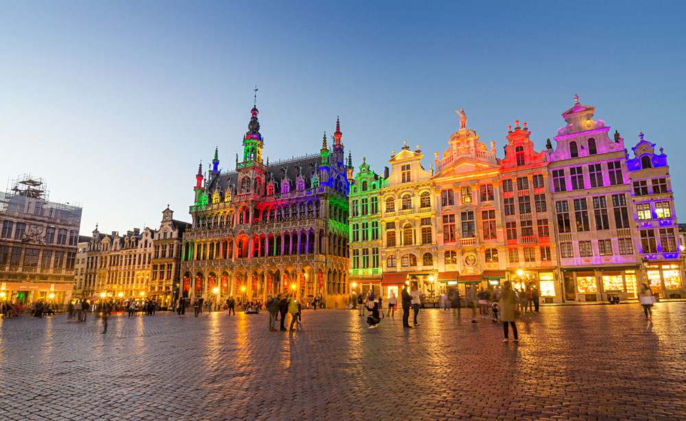 Grand Place with Colourful Lighting at Dusk in Brussels, Belgium