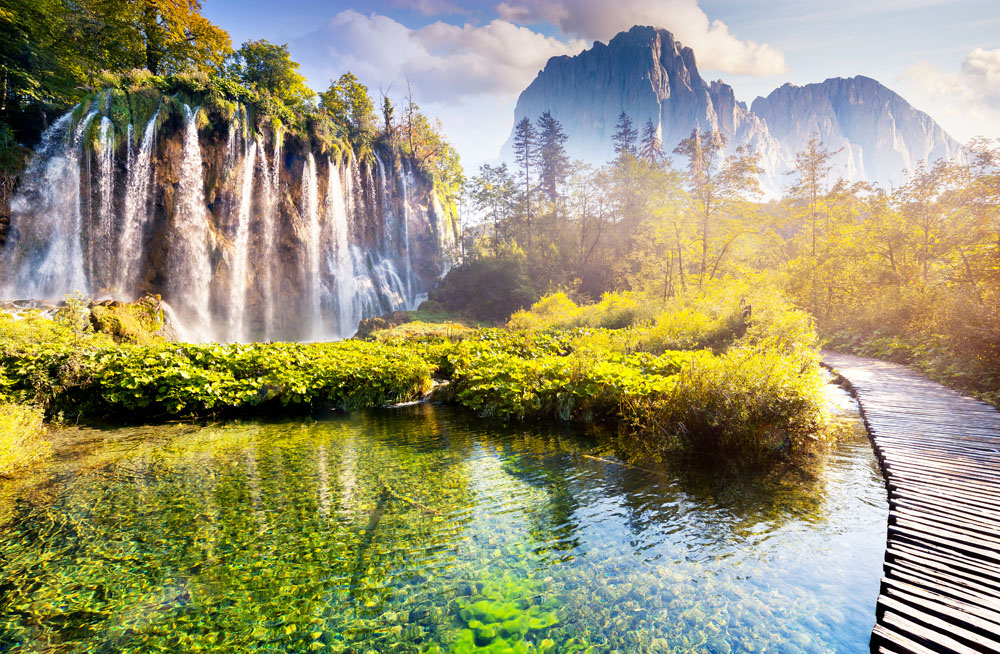 Majestic Waterfalls in Morning Light at Plitvice Lakes National Park, Croatia