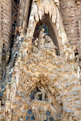 Nativity Facade of Basilica and Expiatory Church of the Holy Family (Sagrada Familia) in Barcelona, Spain