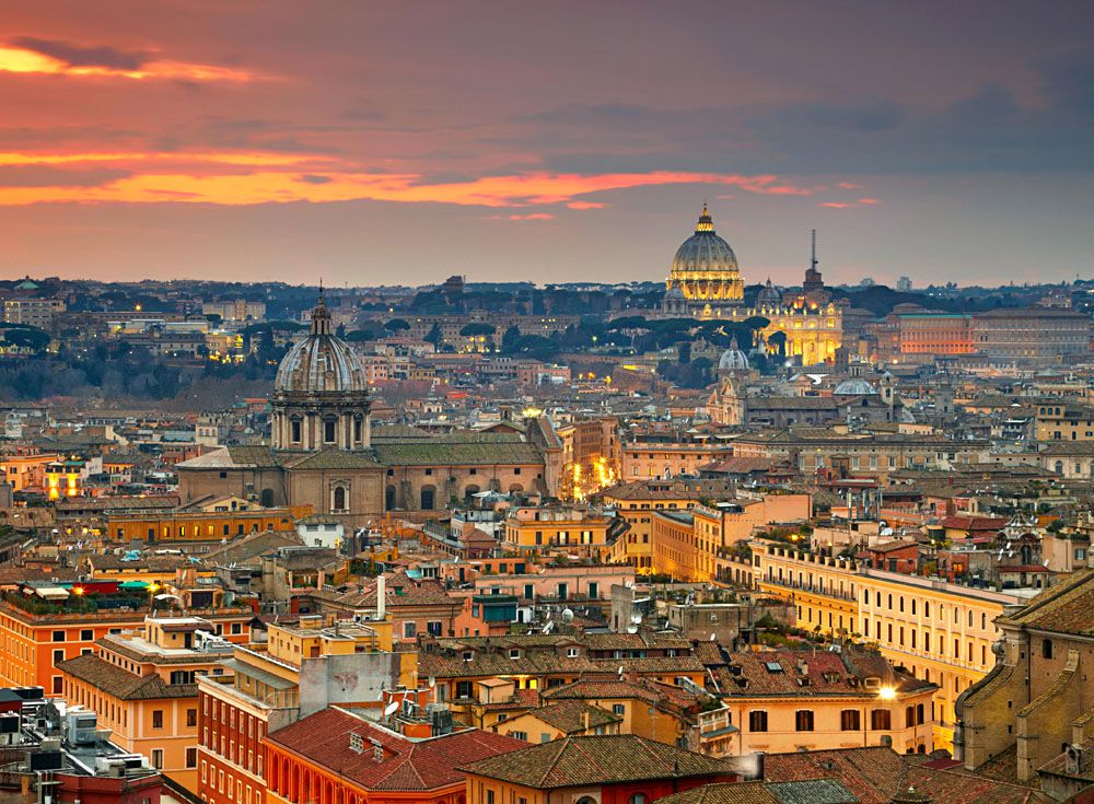 Rome at Sunset with St Peter Cathedral in Background, Italy