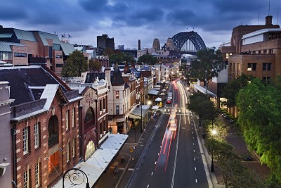 View of the Rocks District from George Street, Sydney, New South Wales, Australia