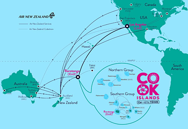 Air New Zealand and Cook Islands Flight Route Map