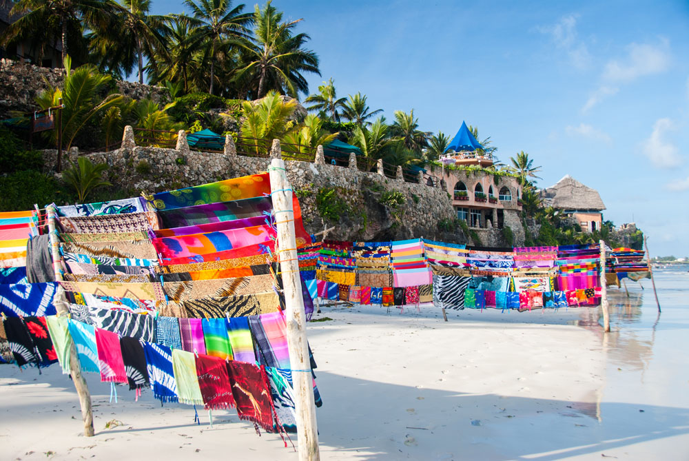 Bright African Fabric for Sale on a Beach in Mombasa, Kenya
