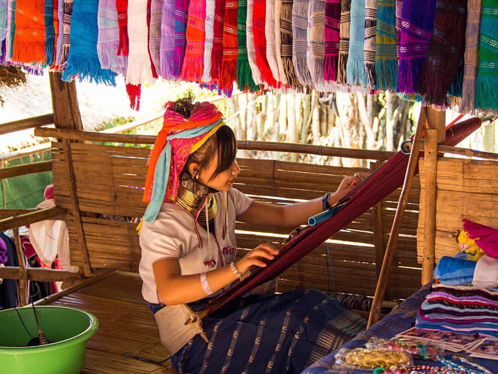 Karen Hill Tribe Woman Making Scarves in Long Neck Village, Chiang Mai, Thailand