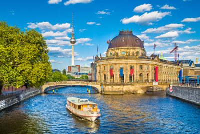 Museumsinsel (Museum Island) with Excursion Boat on Spree River, Berlin, Germany