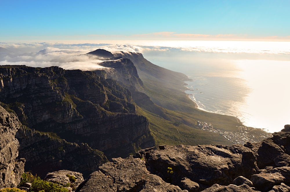 View of Table Mountain with Top Covered in clouds at Sunset, Cape Town, South Africa