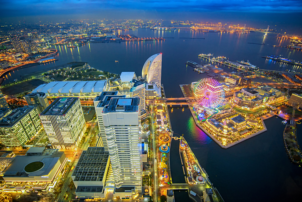 Aerial View of Cityscape and Bay at Minato Mirai Waterfront District, Yokohama, Japan