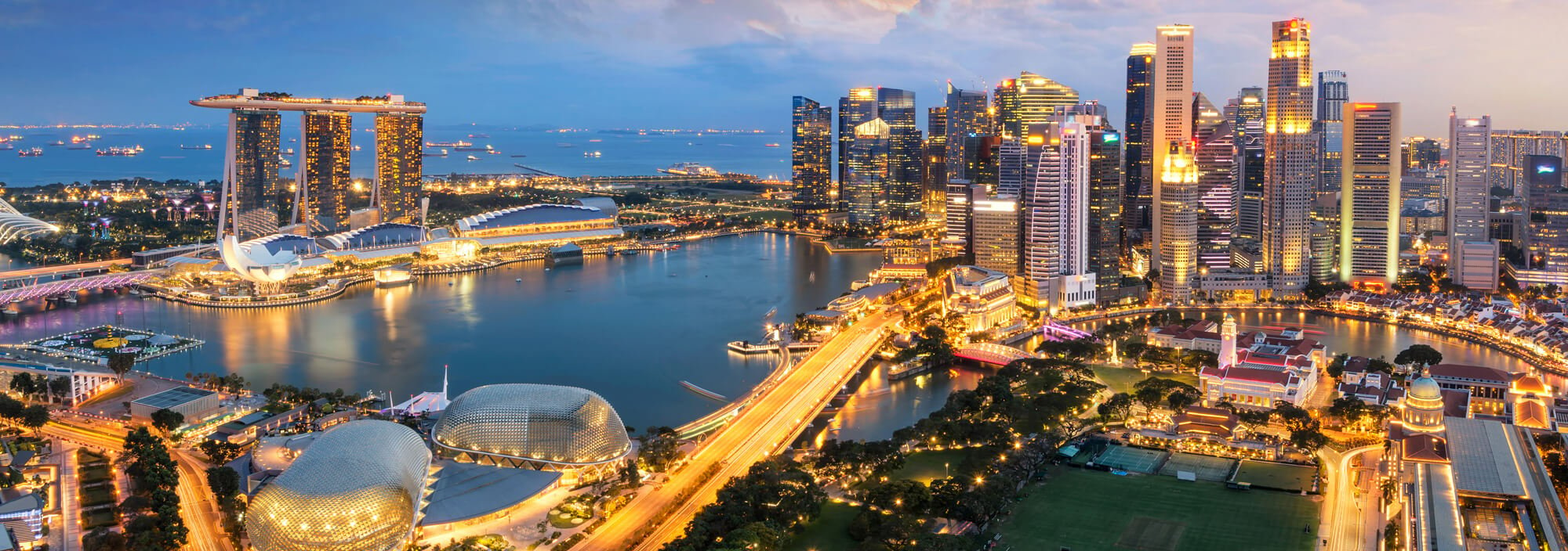 Aerial view of Singapore Skyline at night
