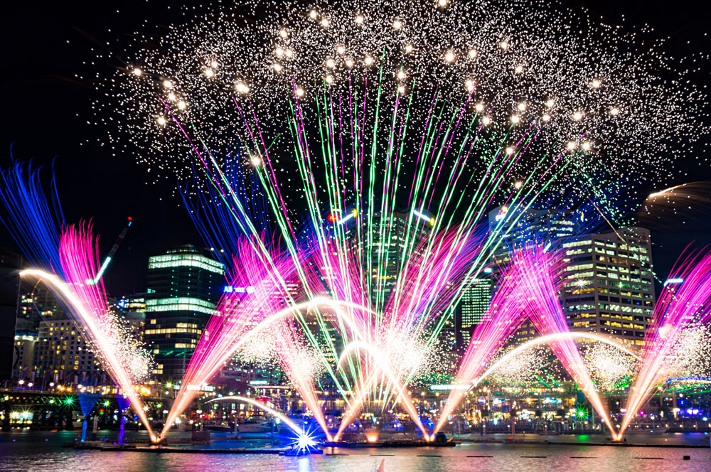 Colourful Fireworks at Darling Harbour During Vivid in Sydney, Australia