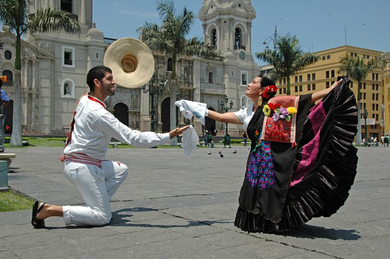 Marinera Dancers in Front of the Basilica Cathedral in Lima, Peru