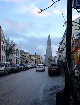 Reykjavik Street with Hallgrimskirkja Church in the Background, Iceland