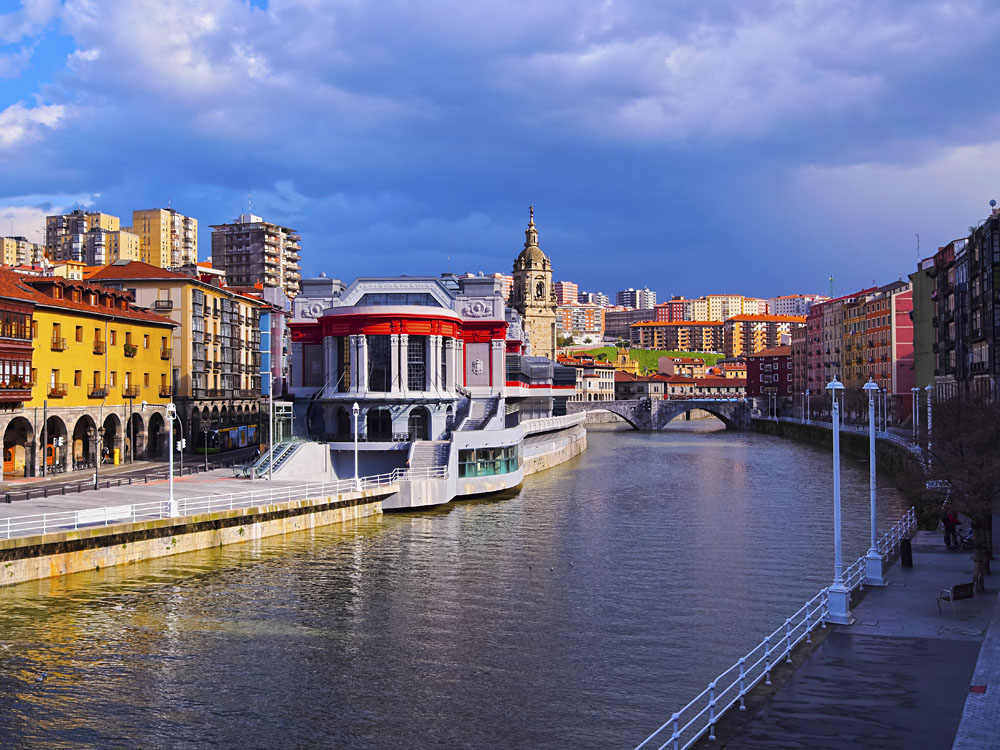 Ribera Riverside Market and the Nervion River in Bilbao, Spain