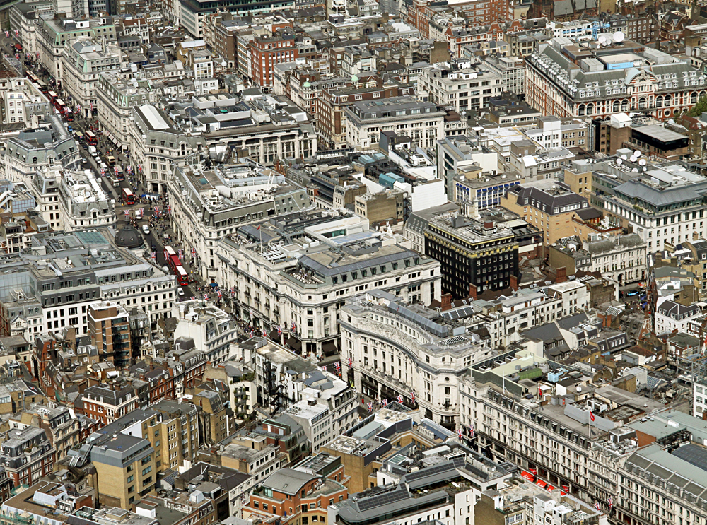 Aerial View of Busy Oxford Street in Central London, England, UK