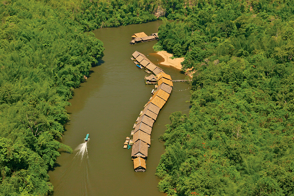 Aerial view of River Kwai Jungle Rafts Resort, Kanchanaburi, Thailand