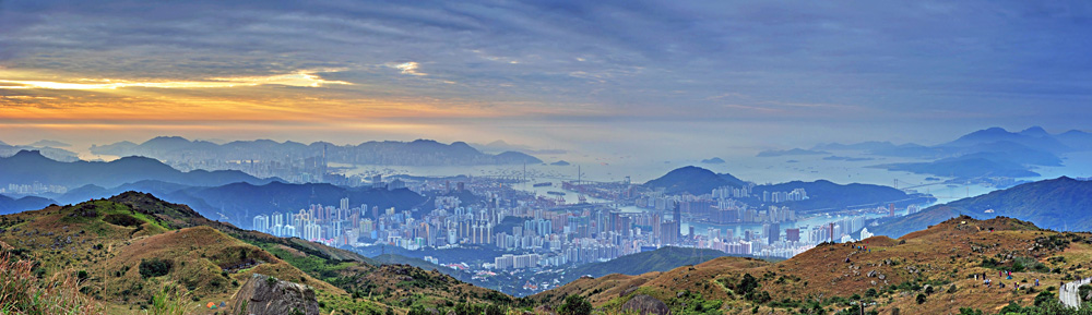 Sunrise in Victoria Harbour and Tsuen Wan from Tai Mo Shan, Highest Hill in Hong Kong