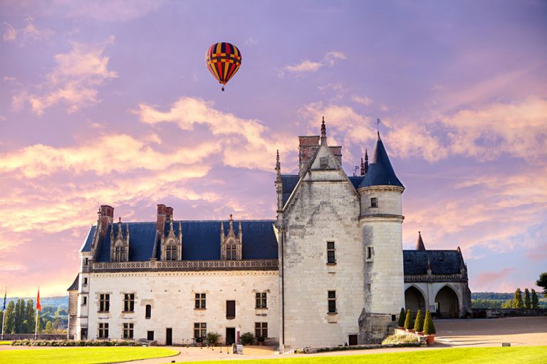 Amboise Castle on the Loire River with Hot Air Balloon Flying Above, Loire Valley, France