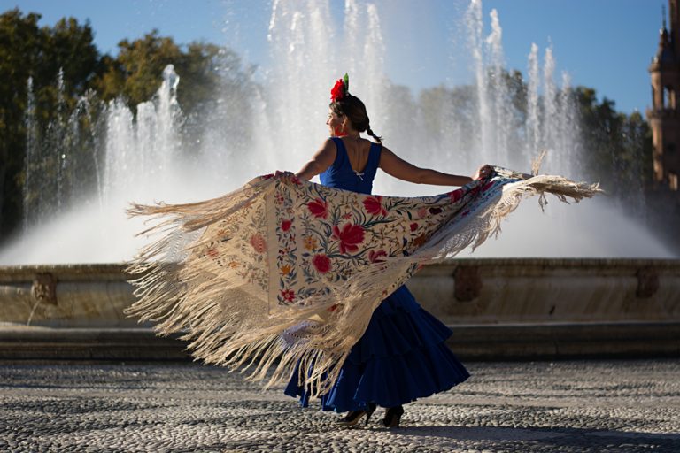 Flamenco Dancer Near Fountain, Spain