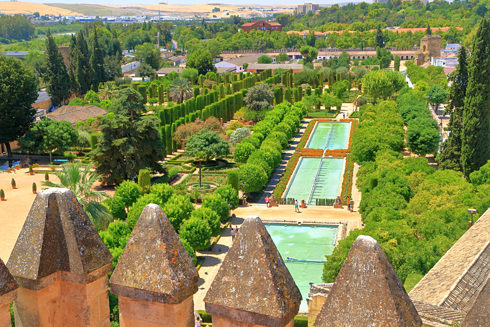 Aerial view to beautiful pools in the gardens of the Alcazar of the Christian Monarchs, Cordoba, Andalusia, Spain