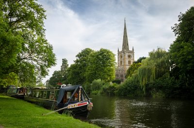 Barge Mooring on the River Avon near Holy Trinity Church at Stratford-upon-Avon, England, UK
