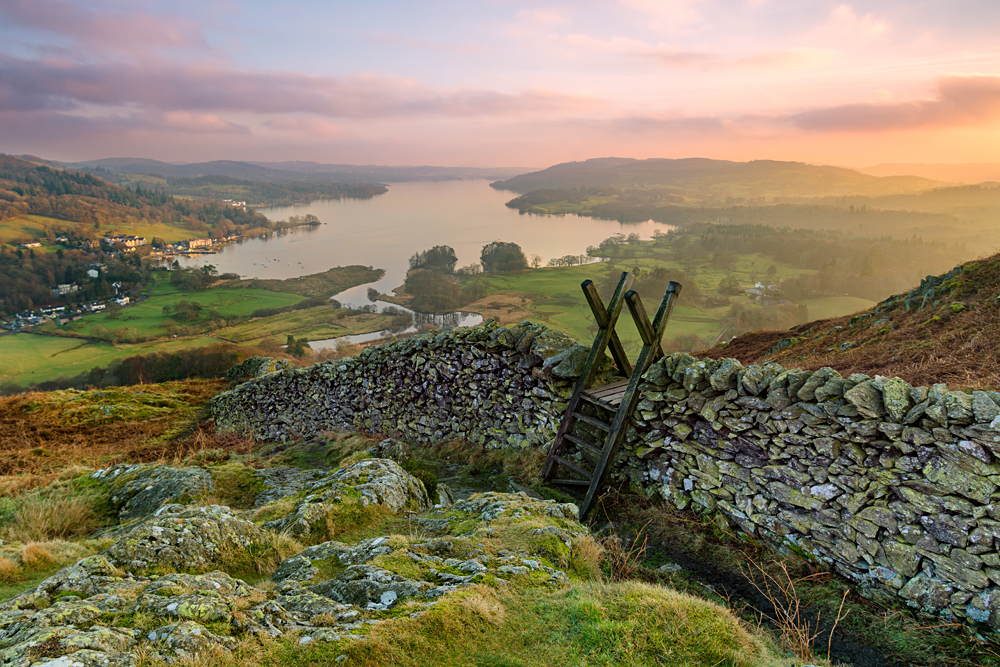 Beautiful sunset over Windermere in the Lake District, England, UK