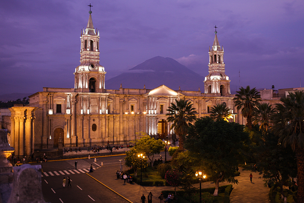 Cathedral of Arequipa in the Evening, with El Misti Volcano in Background, Arequipa, Peru