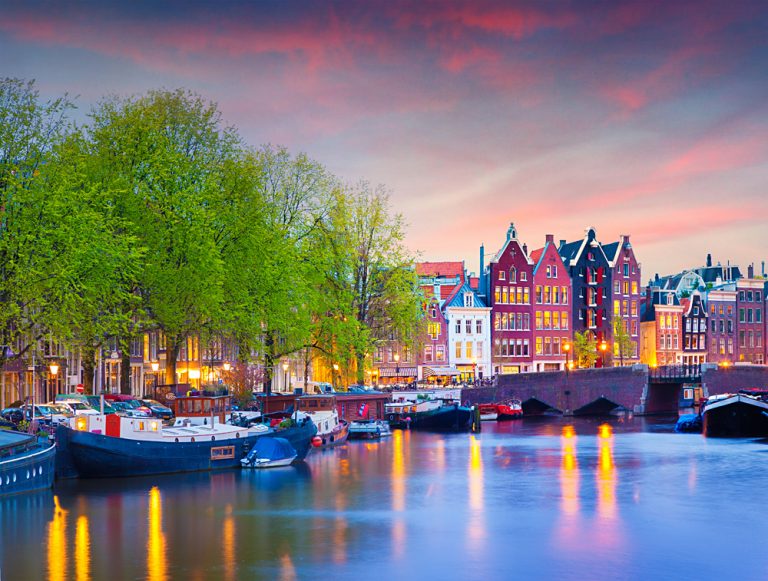 Colourful Spring Sunset on the Canals of Amsterdam, Netherlands