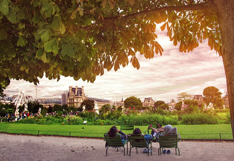 Garden of Tuileries (Jardin des Tuileries) outside the Louvre in Paris at Sunset, France