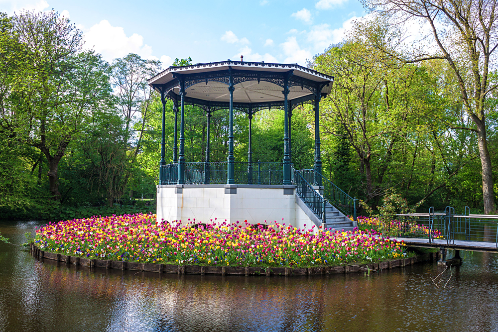 Pond and Tulips in Vondelpark, Amsterdam, Netherlands