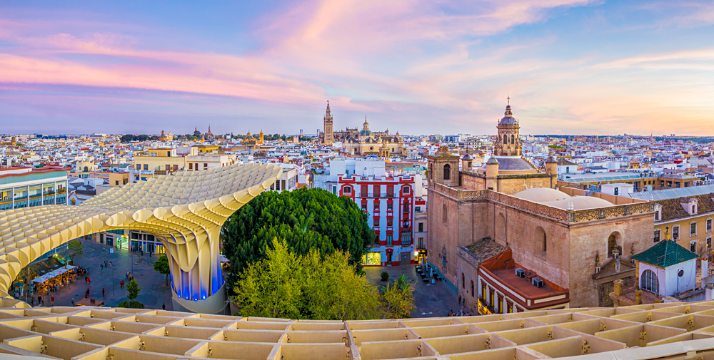 View from the top of the Metropol Parasol of the Old City and Cathedral of Seville, Andalusia, Spain