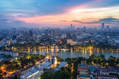 Aerial skyline view of Hoan Kiem and Ho Guom (Sword lake) area at twilight, Hanoi, Vietnam