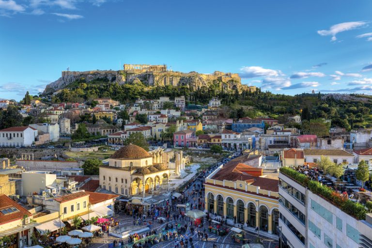 Monastiraki Square and Acropolis in Athens, Greece