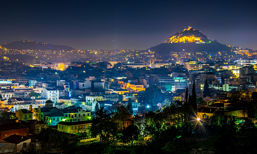 Night Aerial View of Mount Lycabettus and its neighborhood in Athens, Greece