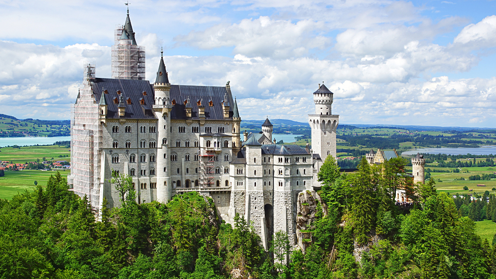 Picturesque landscape and Neuschwanstein Castle in Bavaria, Germany