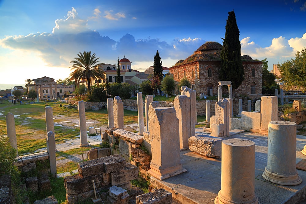 Roman Agora with Ancient Columns and Byzantine Church at Sunset, Athens, Greece