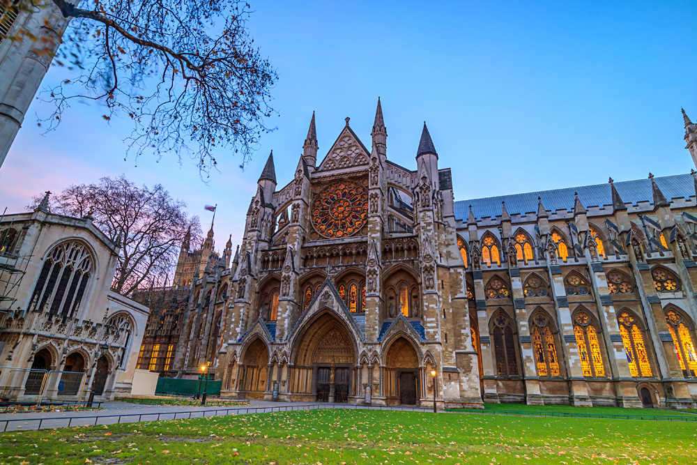 Twilight view of Westminster Abbey Cathedral in London, England, United Kingdom (UK)