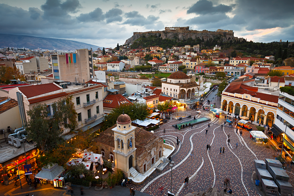 View of Acropolis from a Roof-top Coffee Shop in Monastiraki Square, Athens, Greece
