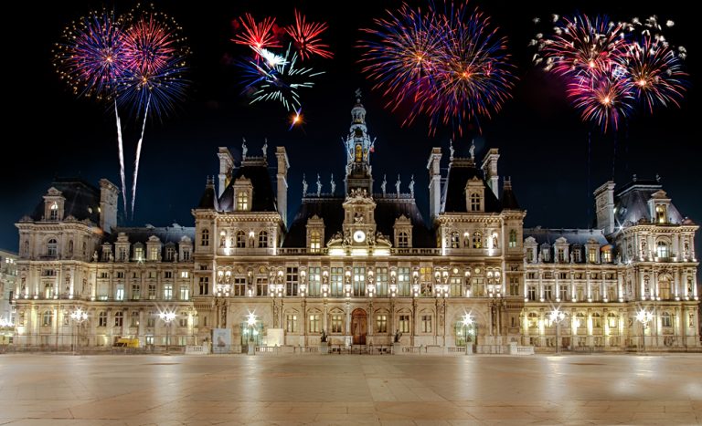 Background Fireworks on Bastille Day at Hotel de Ville in Paris, France