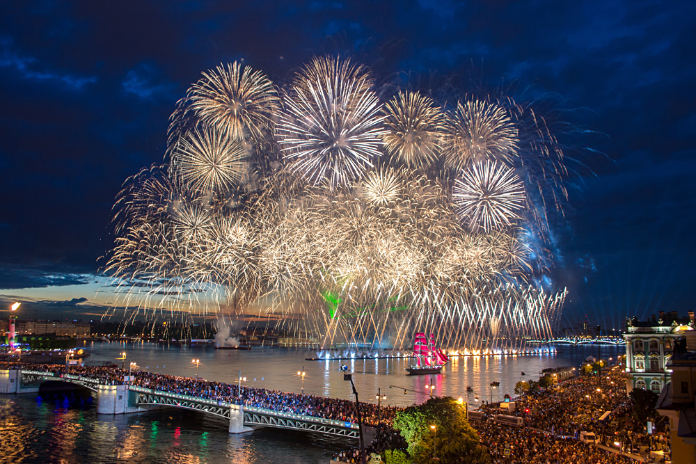 Crowd on Palace Bridge watching fireworks during White Nights Festival, St Petersburg, Russia