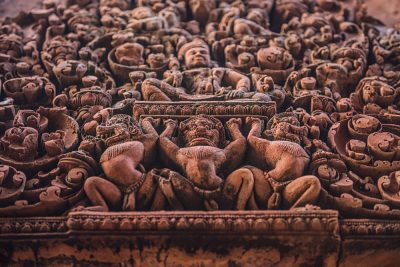 Detailed Ramayana sculptures and bas relief at the Bantaey Srei Temple, Angkor Wat Complex, Siemp Reap, Cambodia
