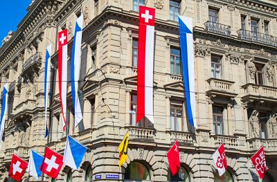 Display of Flags on Swiss National Day in Zurich, Switzerland